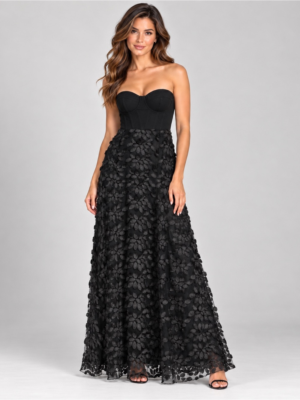 NWT Bebe x Naven Buster Black Corset Floral Appliqué Maxi Gown 4